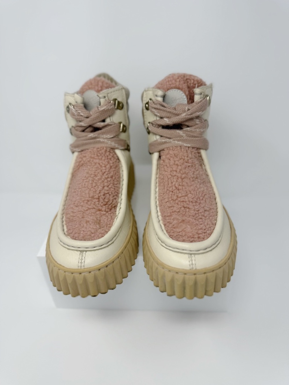 Sam Edelman Fay Platform Boots Ivory Beige Leather Faux Shearling Lace Up Size 8 - Picture 9 of 12